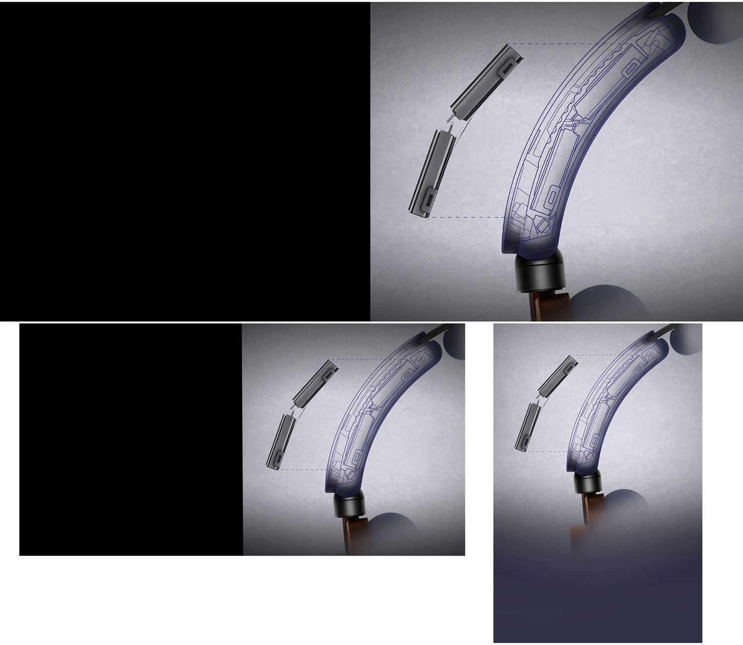 線画で内部のバッテリーの位置を示すヘッドバンドの技術断面図。 