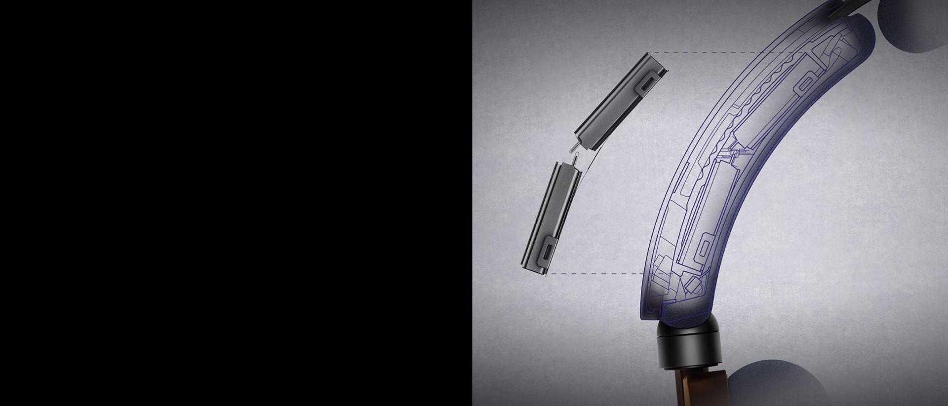 A tech cutaway of the headband, with engineering line drawing showing the position of the batteries inside.