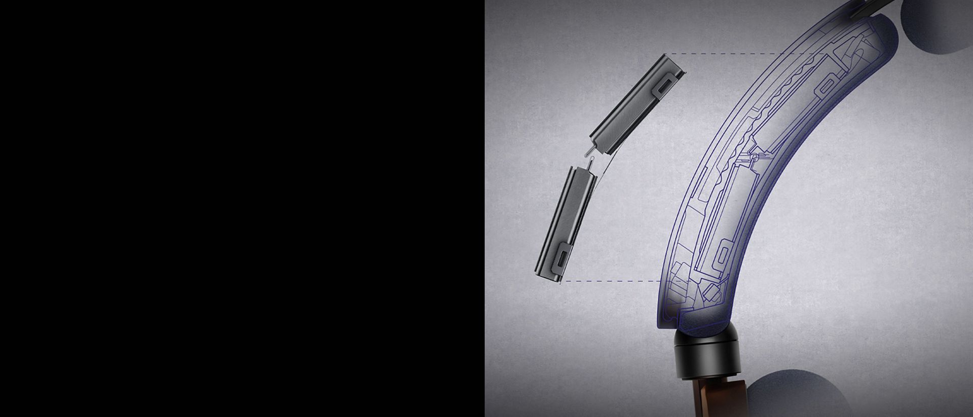 A tech cutaway of the headband, with engineering line drawing showing the position of the batteries inside.