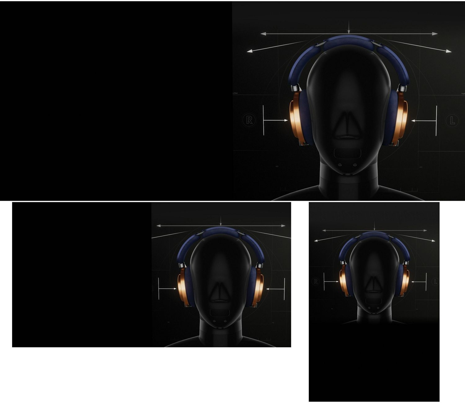 テスト用ダミーに装着されたDyson ontracヘッドホンと、圧力の方向を示すグラフィックライン。