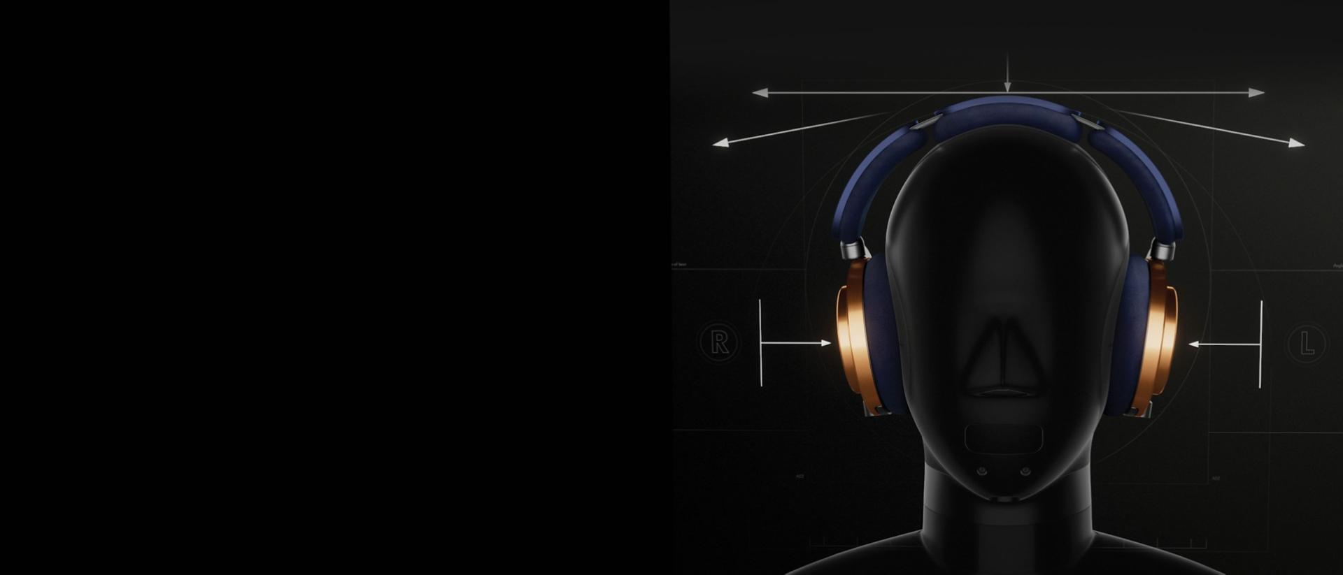 The Dyson OnTrac headphones on a test dummy, with graphic lines added to demonstrate direction of pressure.