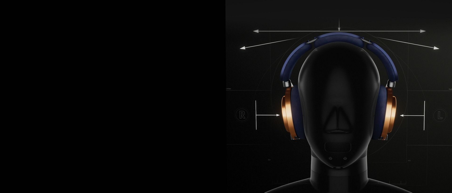 The Dyson OnTrac headphones on a test dummy, with graphic lines added to demonstrate direction of pressure.