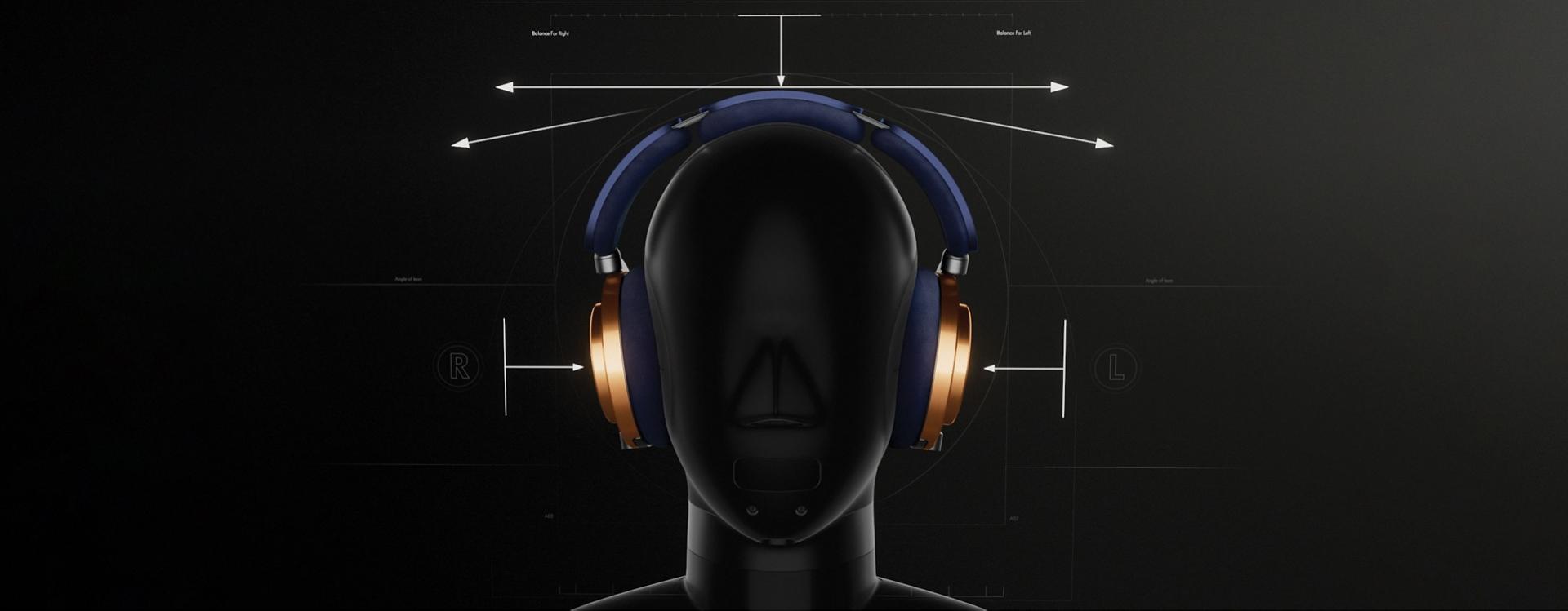 Dyson OnTrac headphones on a silhouetted head with measurement lines overlaid.