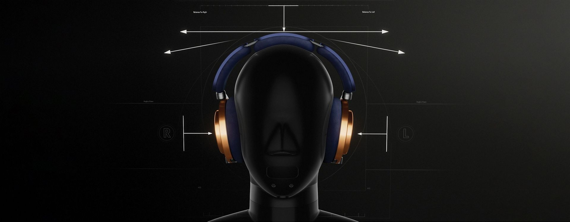 Dyson OnTrac headphones on a silhouetted head with measurement lines overlaid.