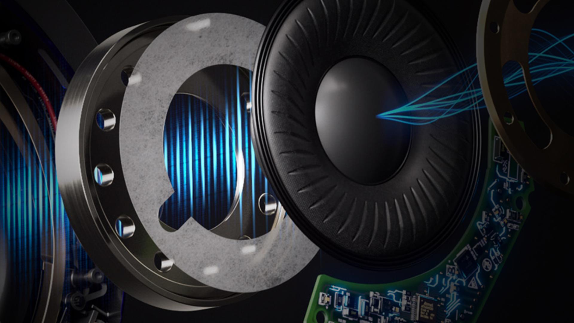 A cutaway showing the layered technology that makes up the Dyson OnTrac earcup.