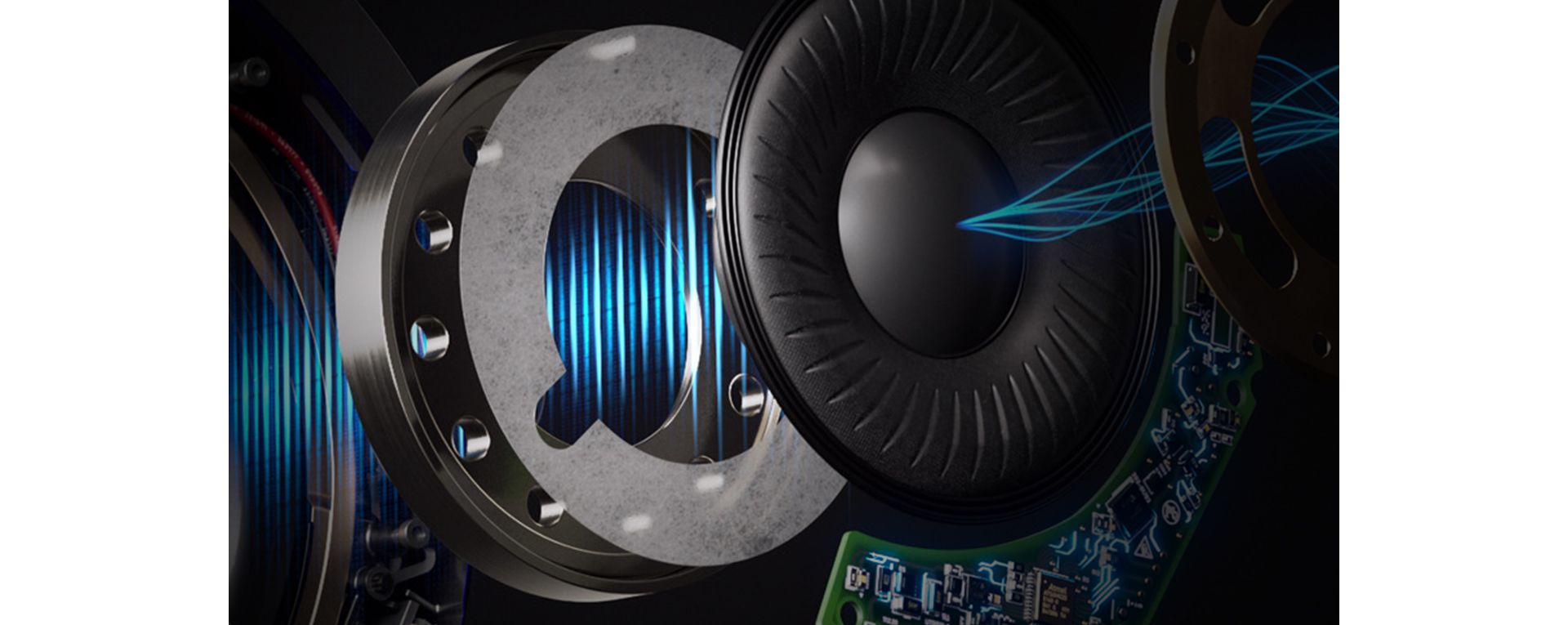 A cutaway showing the layered technology that makes up the Dyson OnTrac earcup.