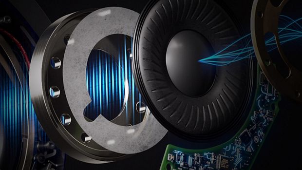 A cutaway showing the layered technology that makes up the Dyson OnTrac earcup.