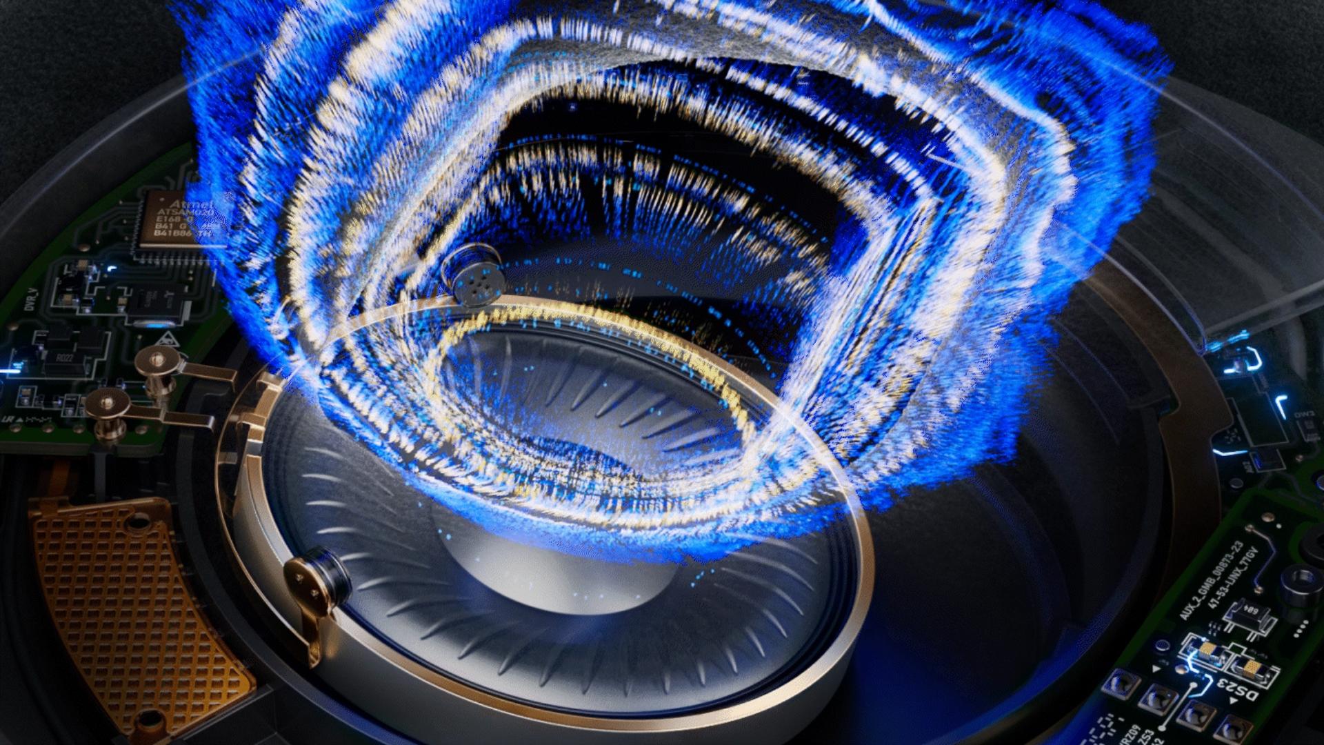 An extreme close up of the technology within the Dyson OnTrac headphones.