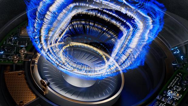 An extreme close up of the technology within the Dyson OnTrac headphones.