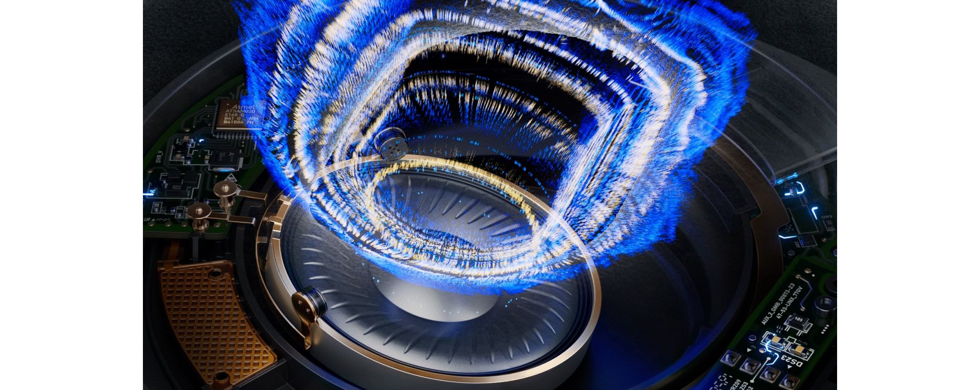 An extreme close up of the technology within the Dyson OnTrac headphones.