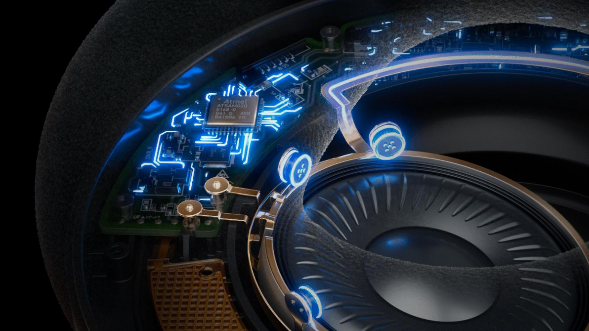 A cutaway image showing electrical circuitry within the Dyson OnTrac earcup.