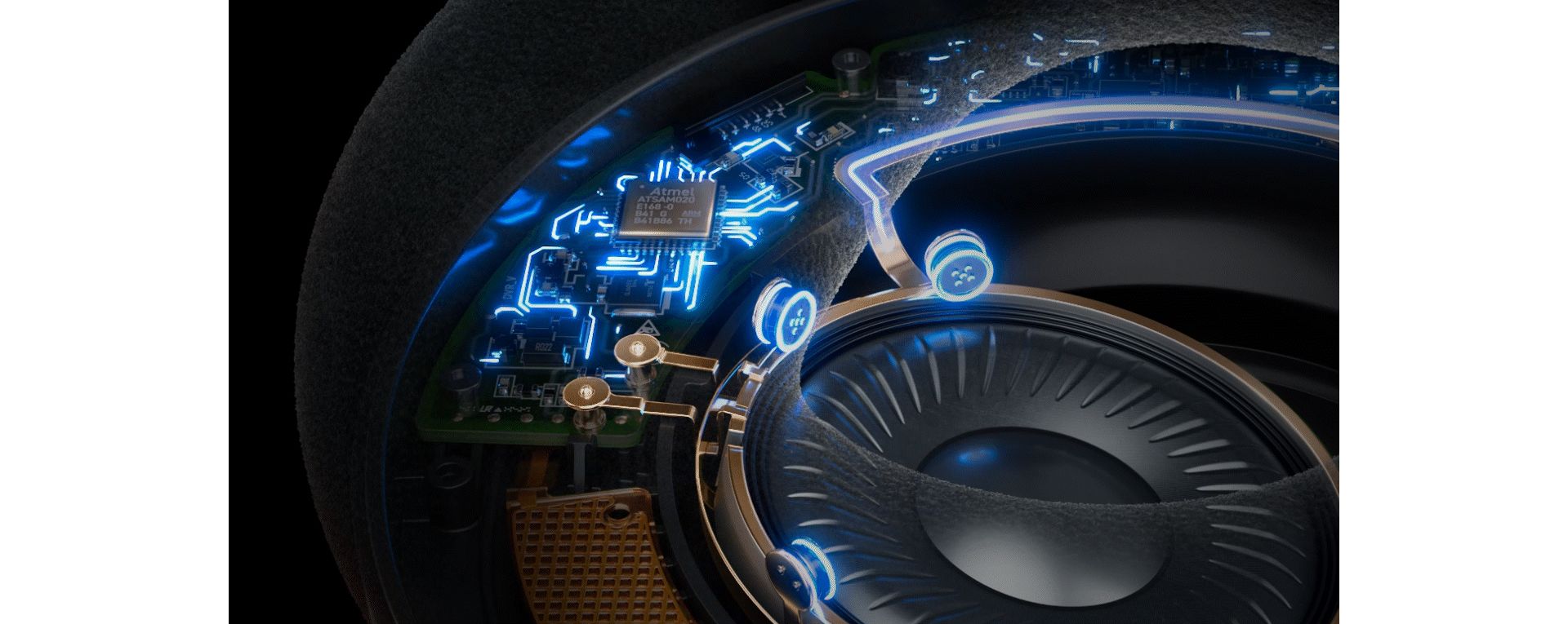 A cutaway image showing electrical circuitry within the Dyson OnTrac earcup.