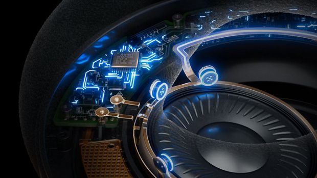 A cutaway image showing electrical circuitry within the Dyson OnTrac earcup.