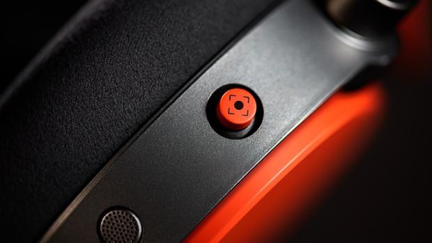 An extreme close up of the intuitive joystick on the Dyson OnTrac headphones.