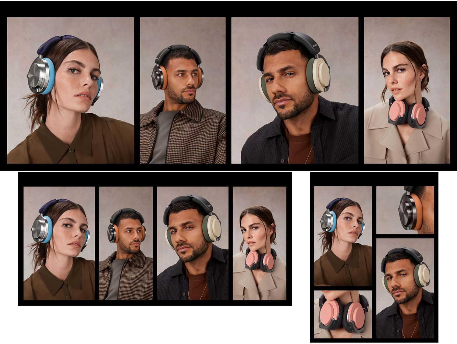 モデルがさまざまな色の組み合わせを装着する様子のモンタージュ。