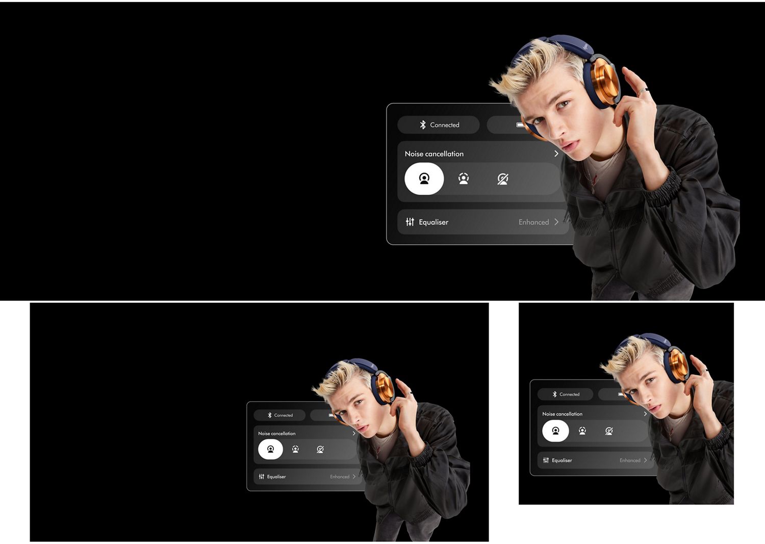 Dyson ontracヘッドホンをタップしようとしながらカメラを見るモデルと、背後のアプリ画面。