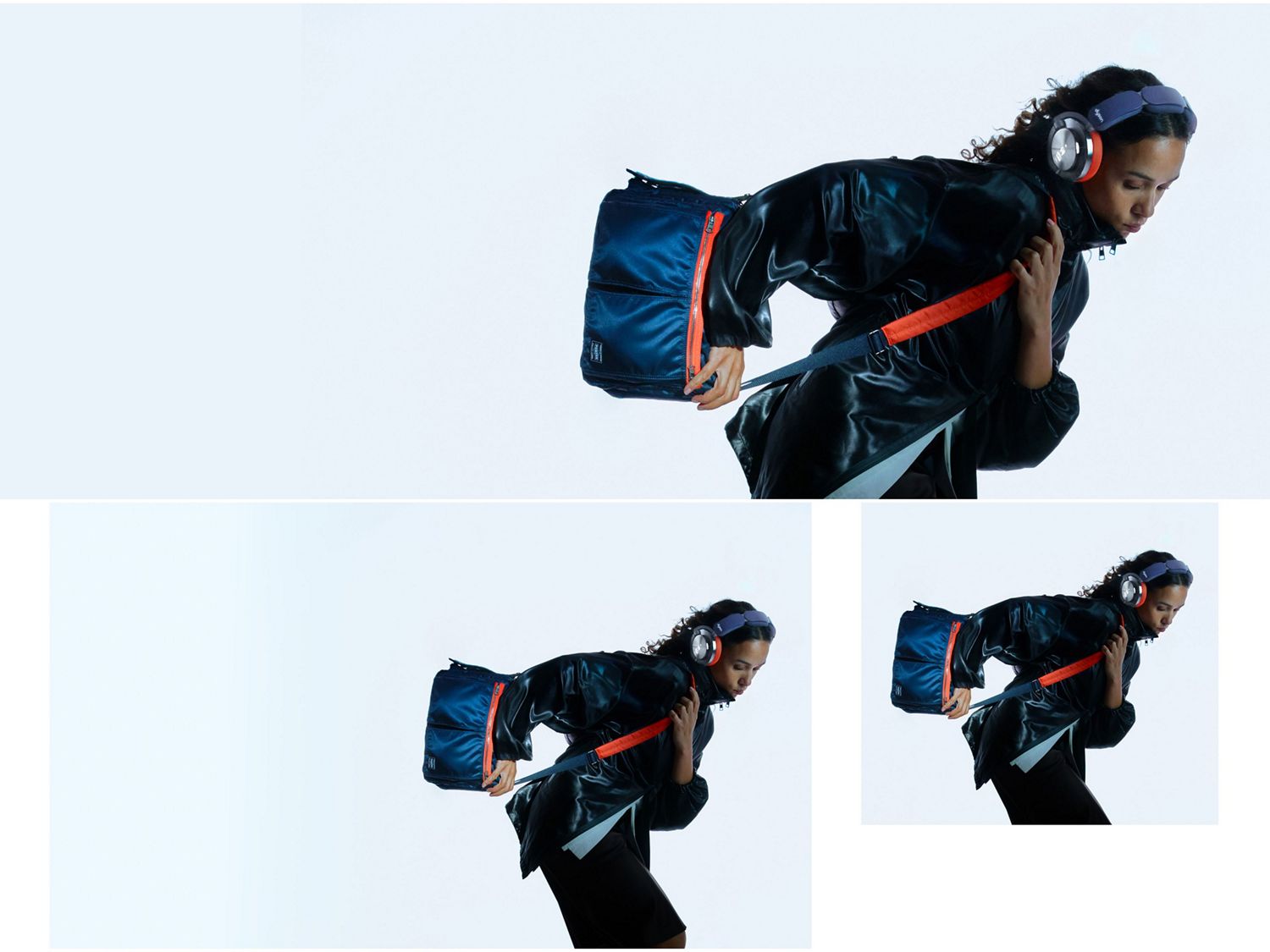 Modella con borsa a tracolla personalizzata Dyson OnTrac e PORTER.