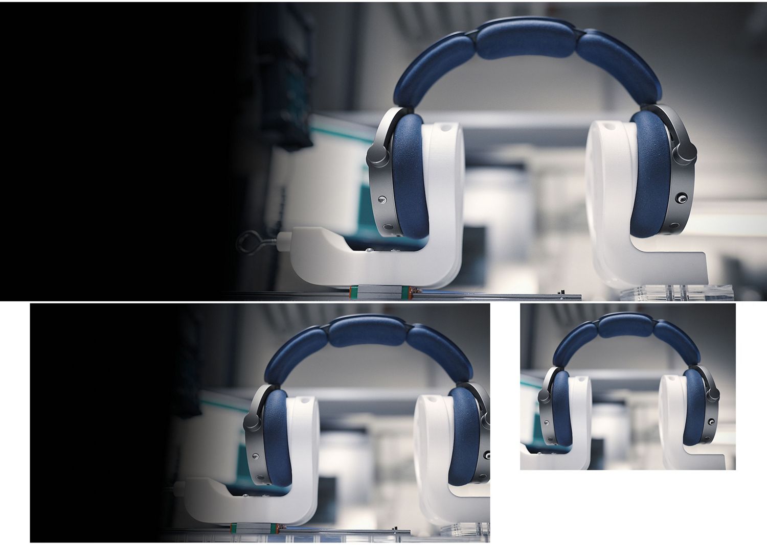 試験室のカスタムスタンドに置かれたDyson OnTracヘッドホン。