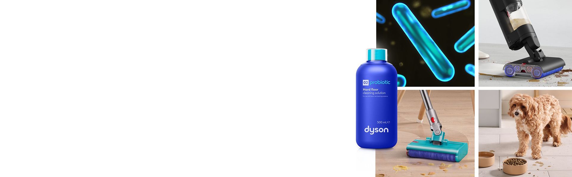 Dyson 02 Probiotic mit einem Raster, das die probiotischen Moleküle, eine Person beim Reinigen sowie einen Hund zeigt.