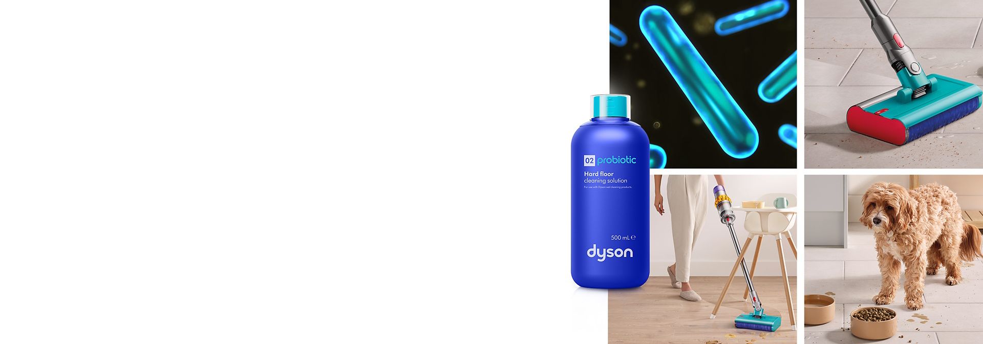 Dyson 02 Probiotic mit einem Raster, das die probiotischen Moleküle, eine Person beim Reinigen sowie einen Hund zeigt.