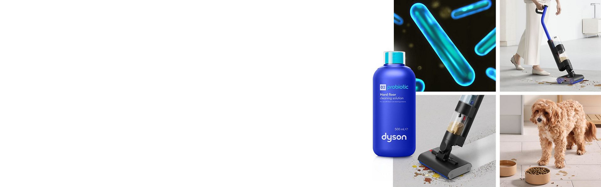 Dyson 02 Probiotic mit einem Raster, das die probiotischen Moleküle, eine Person beim Reinigen sowie einen Hund zeigt.