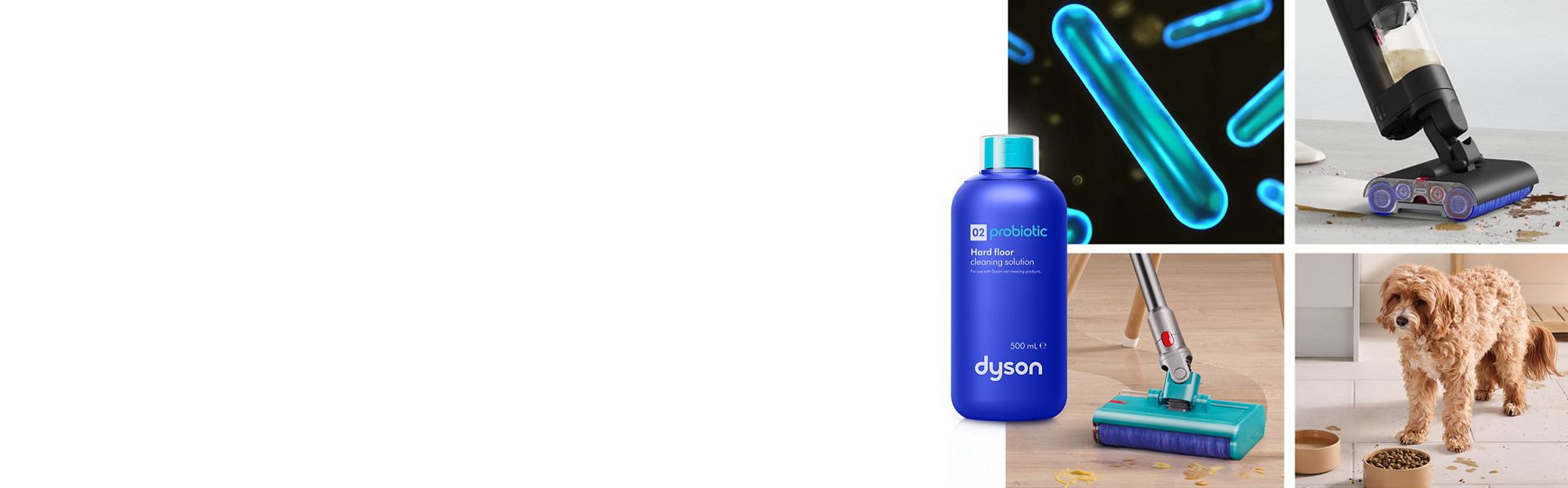 The Dyson 02 Probiotic hard floor cleaning solution in front of a tiled floor in a home.
