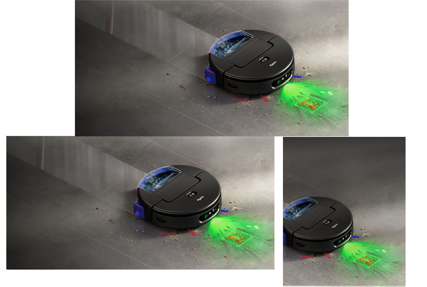 The Dyson WashG1 wet cleaner is used with the Dyson 02 Probiotic hard floor cleaning solution on a floor.