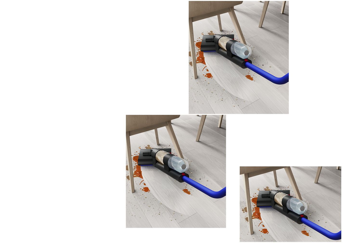 The Dyson WashG1 wet cleaner is used with the Dyson 02 Probiotic hard floor cleaning solution on a floor.