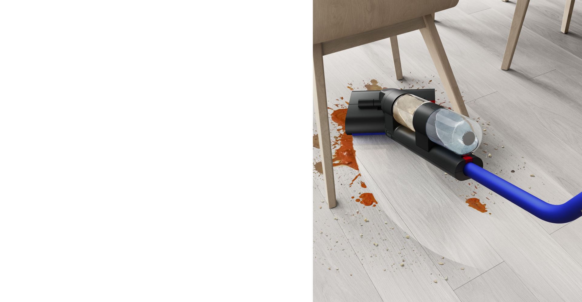 The Dyson WashG1 wet cleaner is used with the Dyson 02 Probiotic hard floor cleaning solution on a floor.