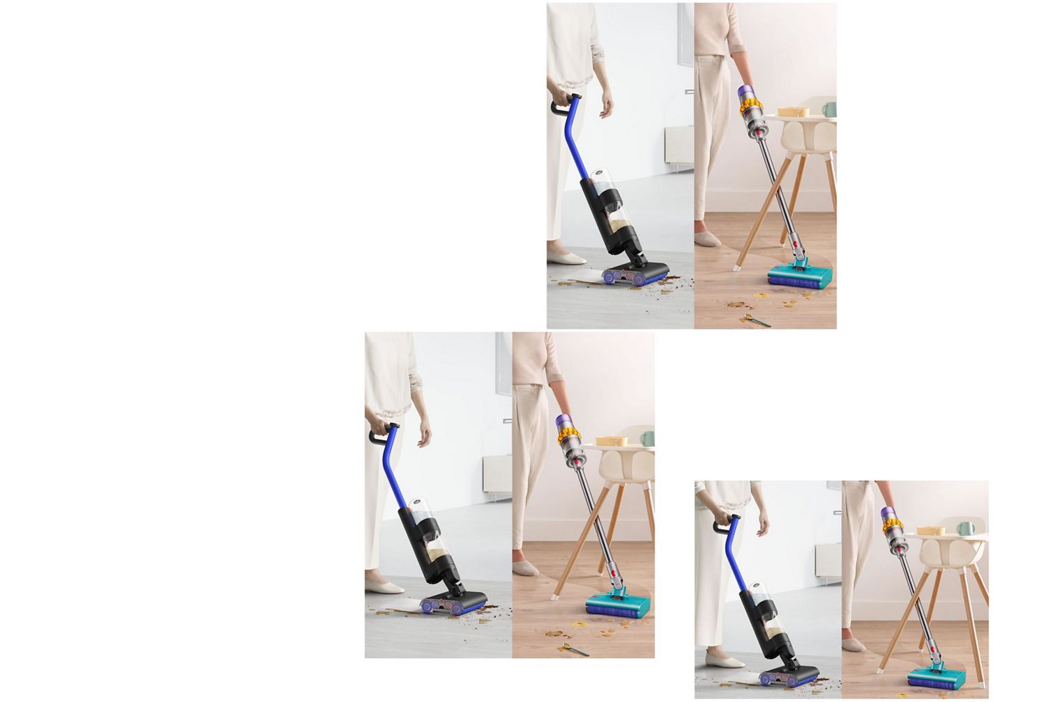 The Dyson WashG1 wet cleaner and Dyson Submarine are used with the Dyson 02 Probiotic on a floor.