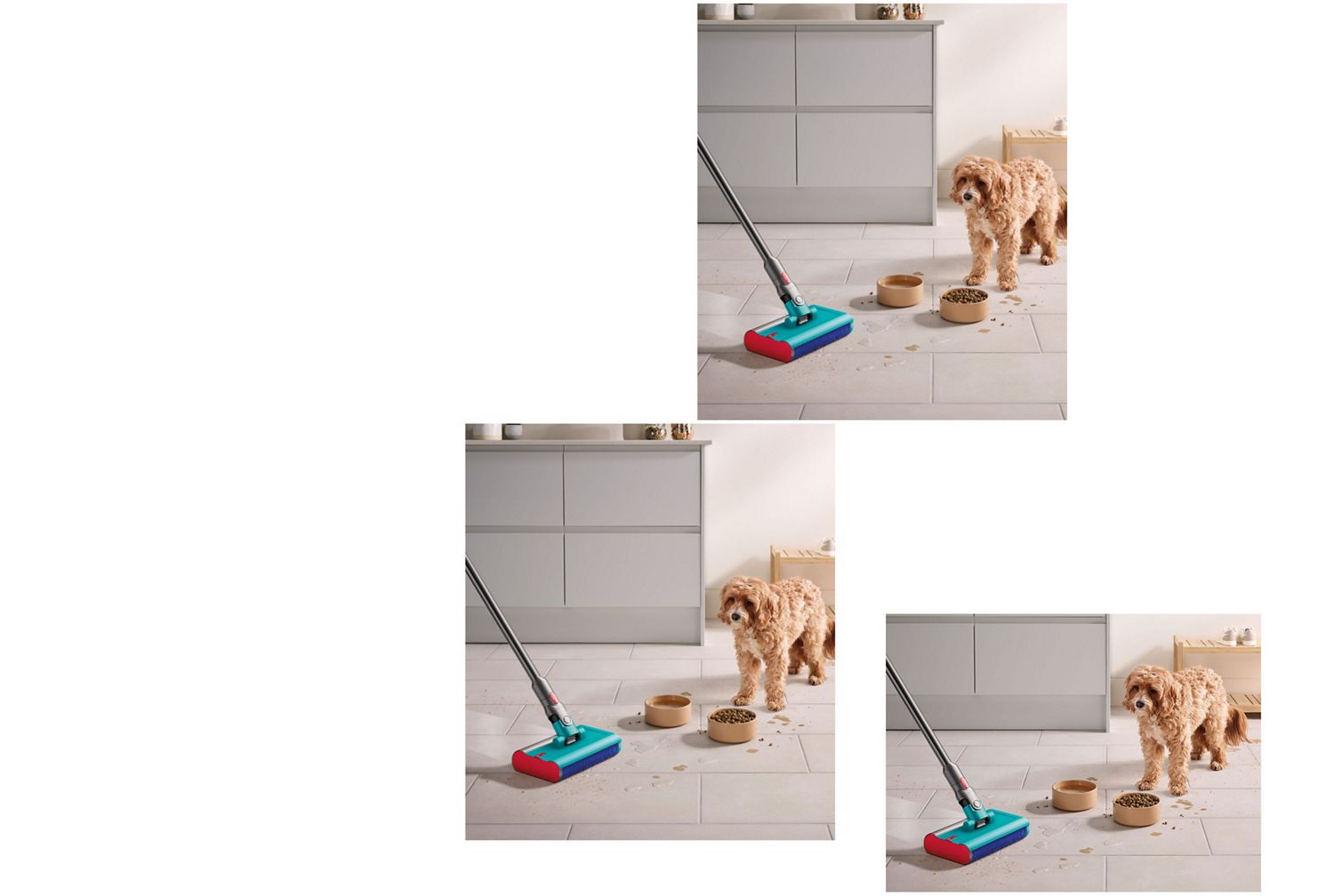 The Dyson Submarine is used to clean paw prints while a dog watches.