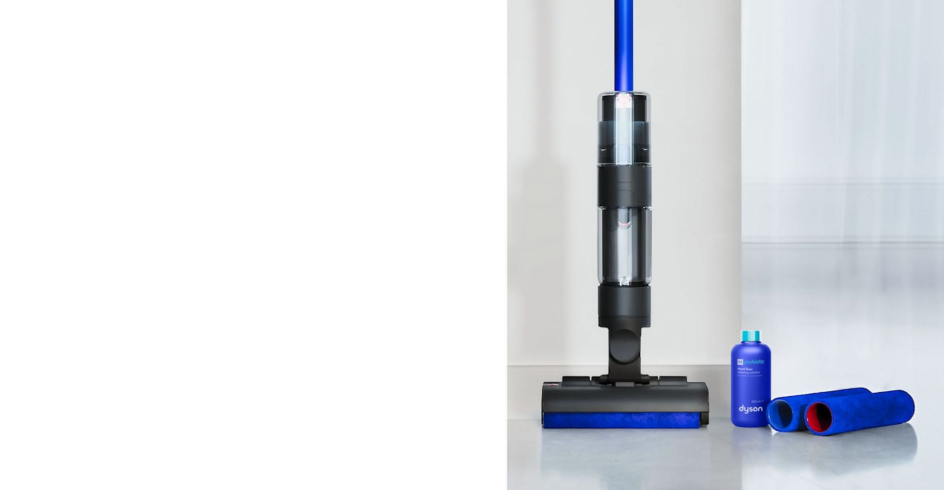 The Dyson WashG1 wet cleaner and Dyson 02 Probiotic hard floor cleaning solution.