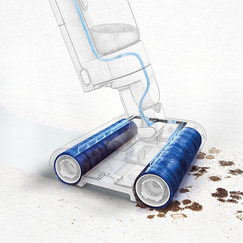 Cutaway graphic showing the technology inside the Dyson Wash G1 wet cleaner.