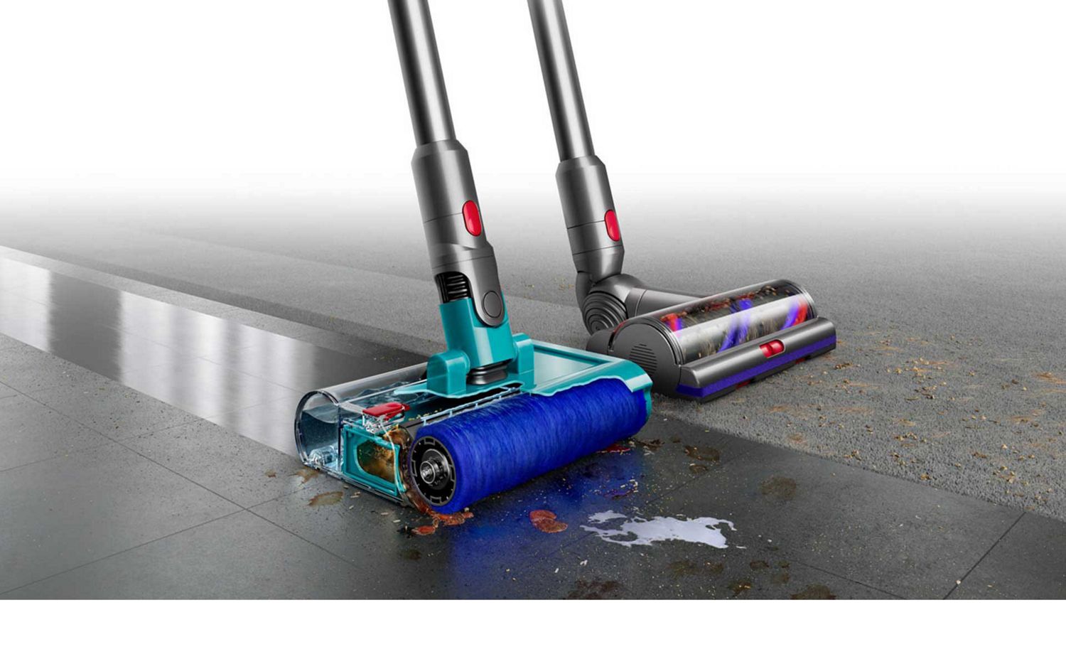 The Dyson V15s vacuum cleaner with the Submarine wet roller head.