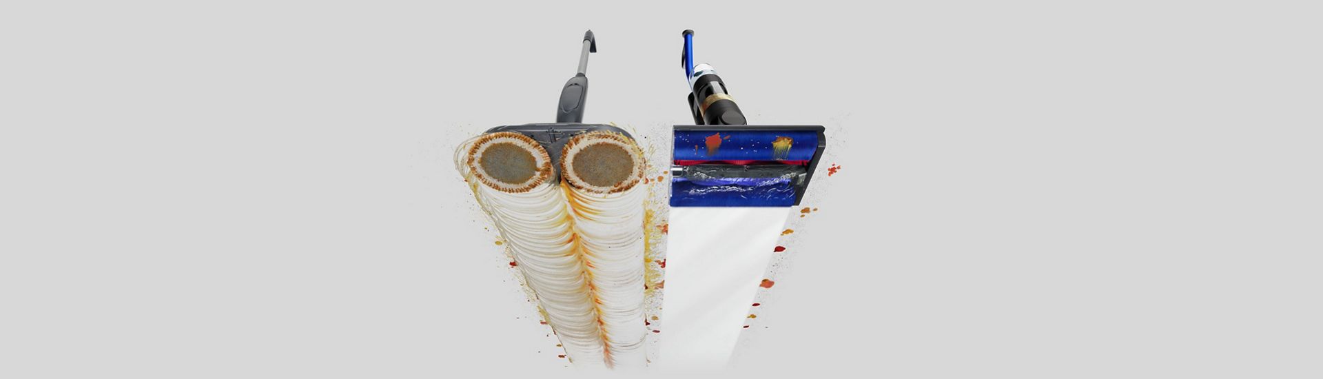 Un Dyson WashG1 pulisce senza lasciare aloni, mentre un altro lavapavimenti lascia una scia di sporcizia.