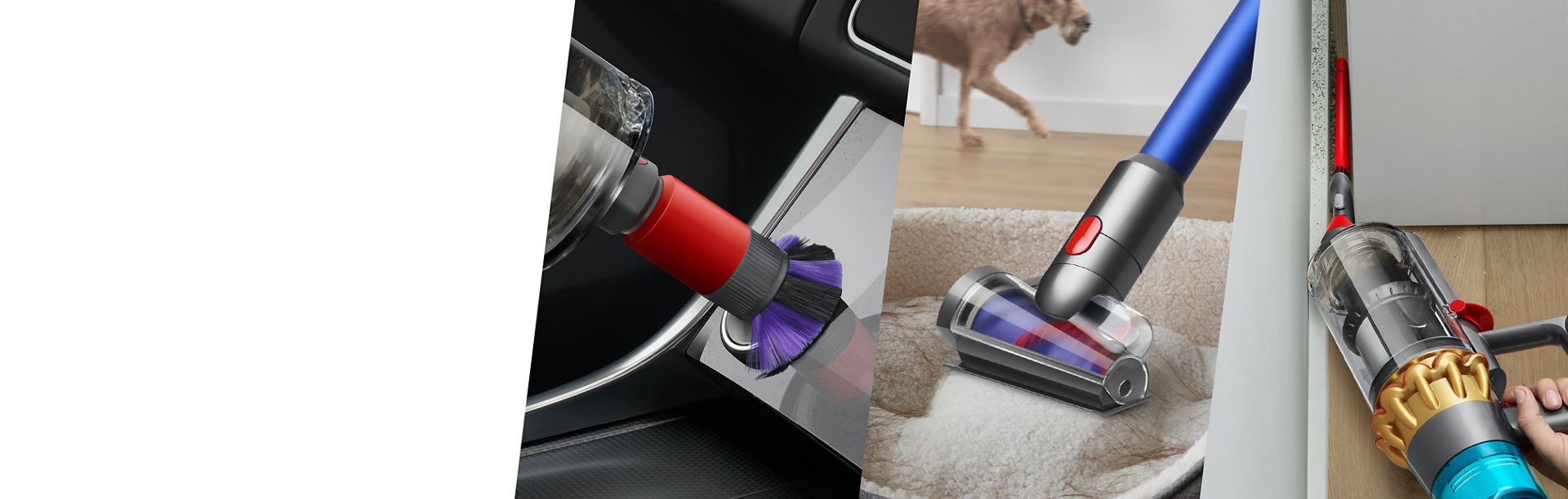 Three different Dyson vacuum attachments in action – vacuuming in a car, in a dog bed and down the side of a kitchen unit