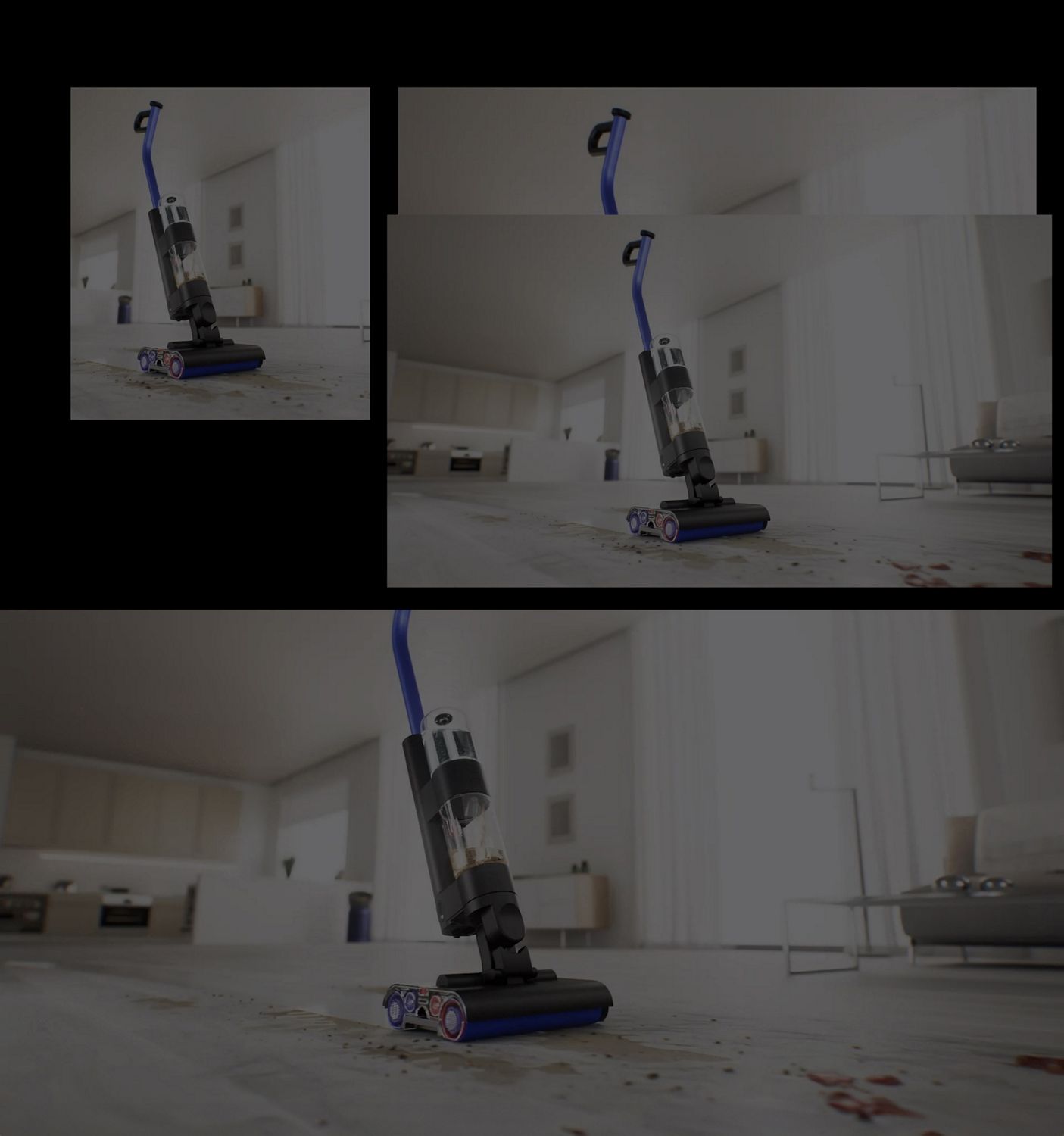 The Dyson WashG1 cleaning debris and spills on a hard floor in a living room