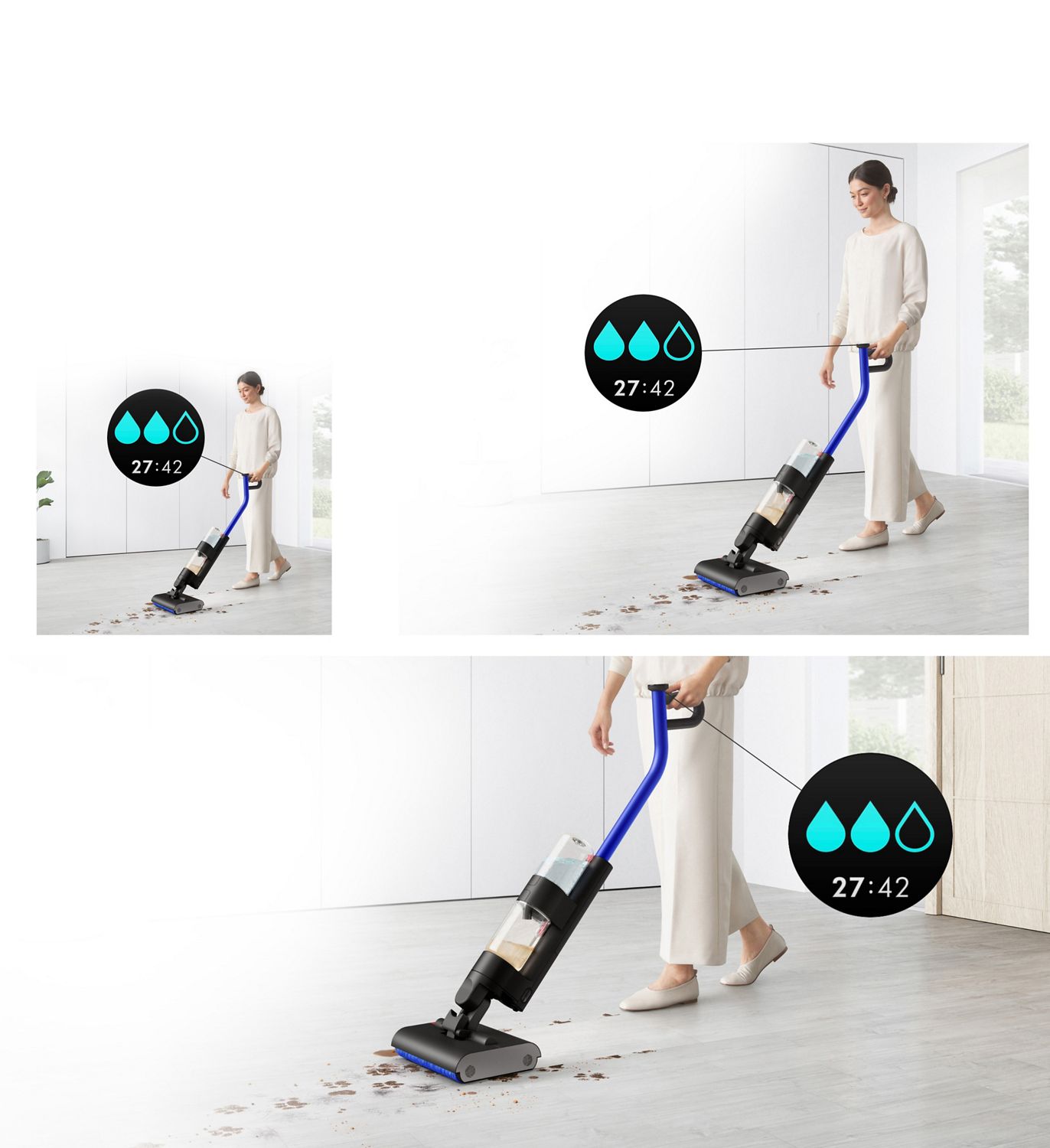 A user cleaning a hard floor in a living area, and a Max icon indicating the machine's hydration mode