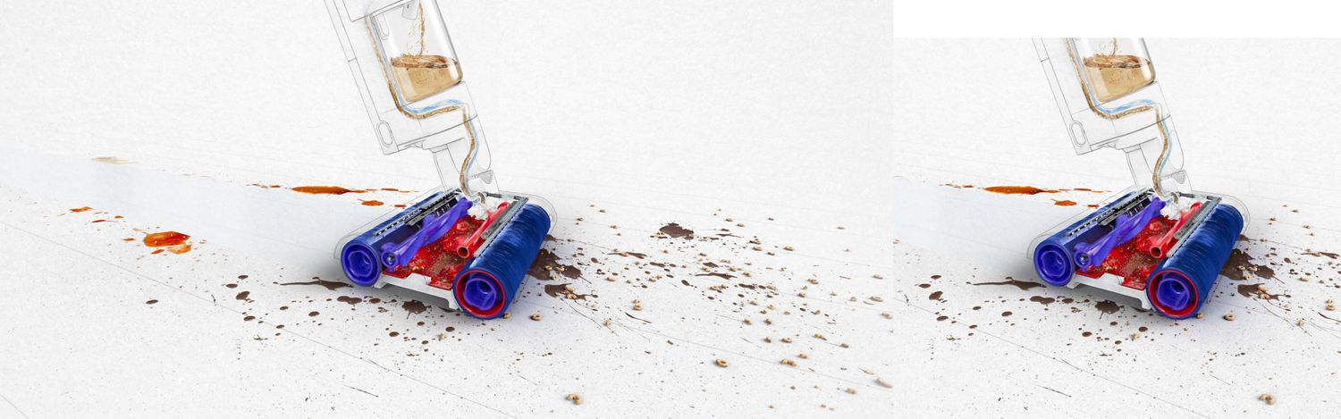 Dyson WashG1 cleaner head revealing the microfibre rollers and secondary brush bars as the cleaner head tackles kitchen debris and spills 