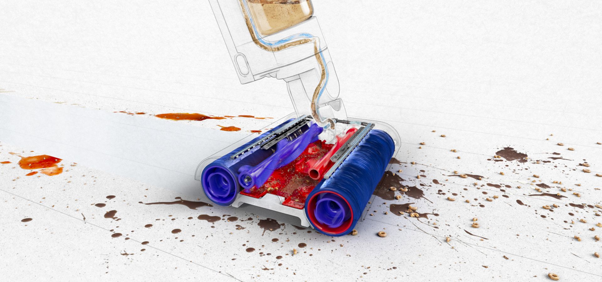 A cutaway of Dyson WashG1 cleaner head revealing the microfibre rollers and secondary brush bars as the cleaner head tackles kitchen debris and spills 