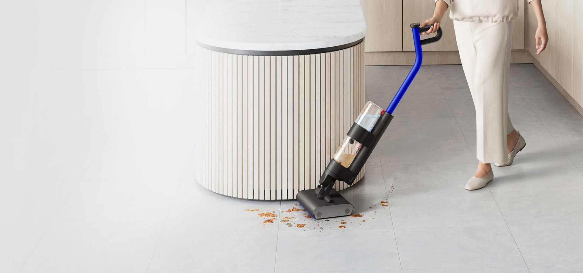 Dyson WashG1 cleaning hard floors in a large living space