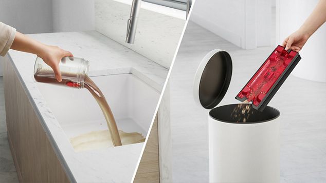 A Dirty water tank being emptied into a sink and a user emptying a Debris tray into a bin