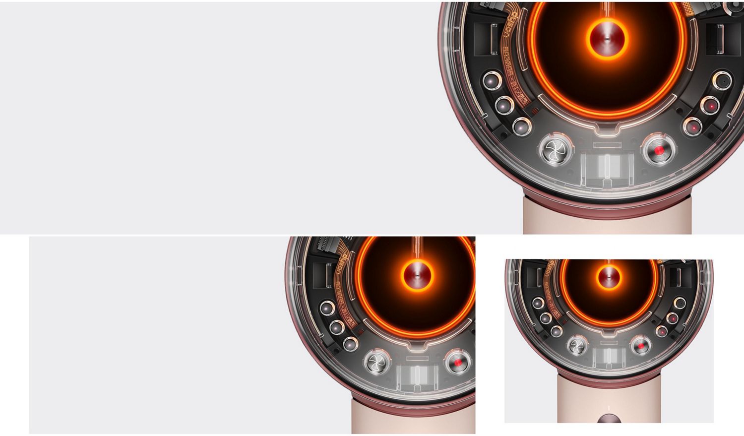 Bottom half of a Dyson Supersonic Nural hair dryer where you can see some of the buttons and LEDs through a clear cover.