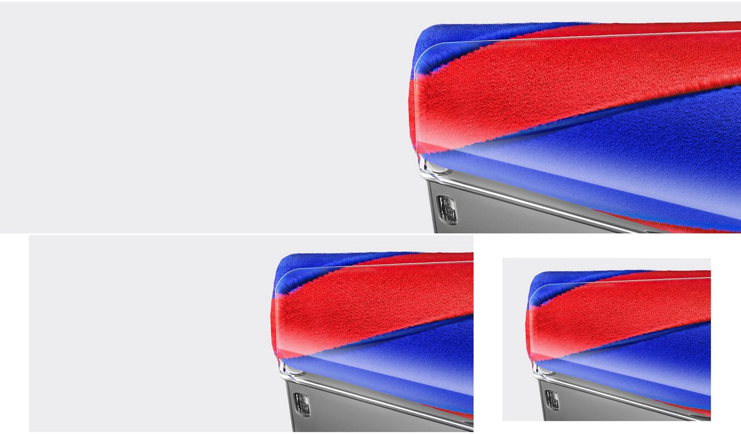 Close-up corner view of the red and blue conical brush bar of a Dyson Fluffycones cleaner head.