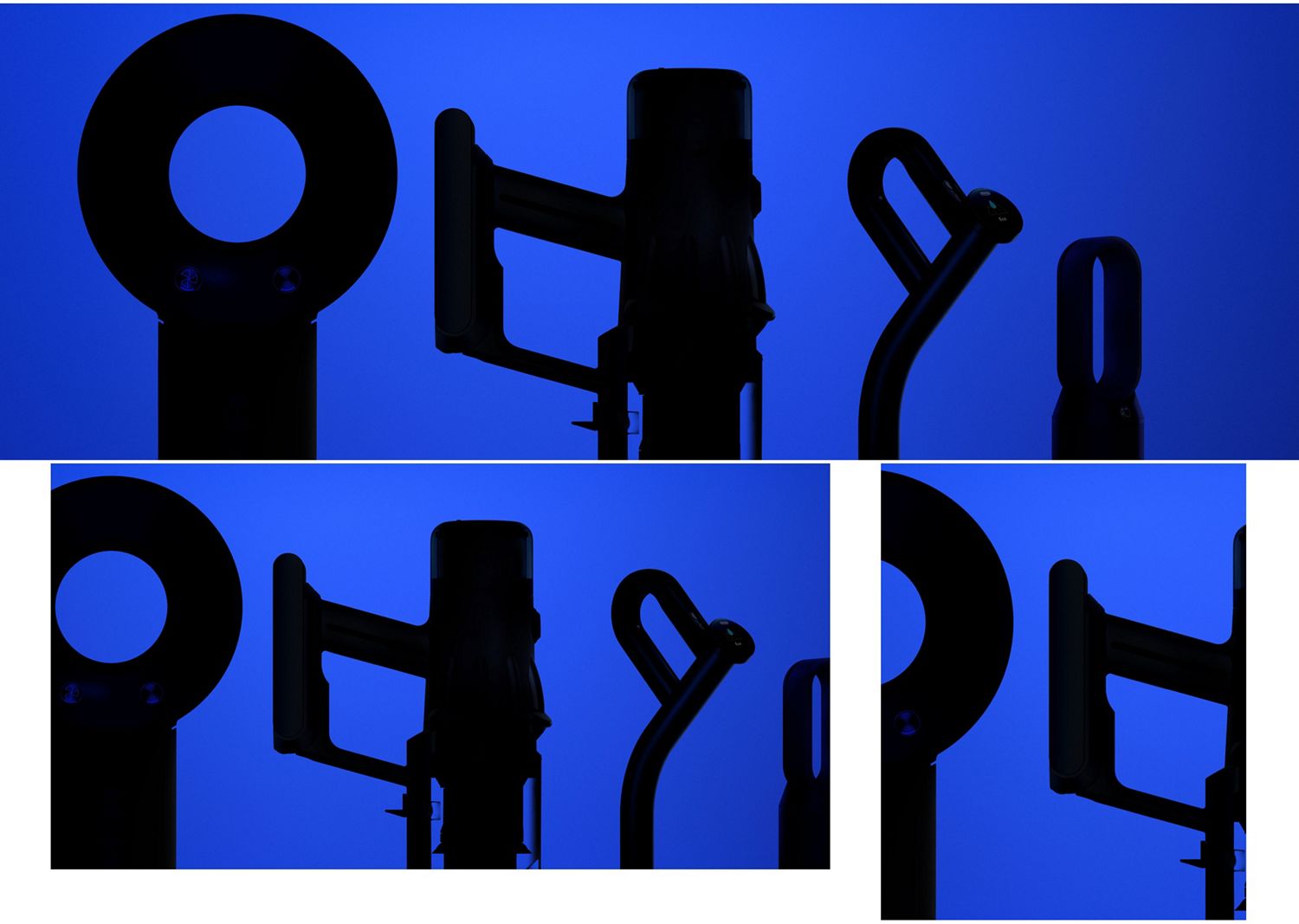 Silhouettes de produits Dyson sur fond bleu.