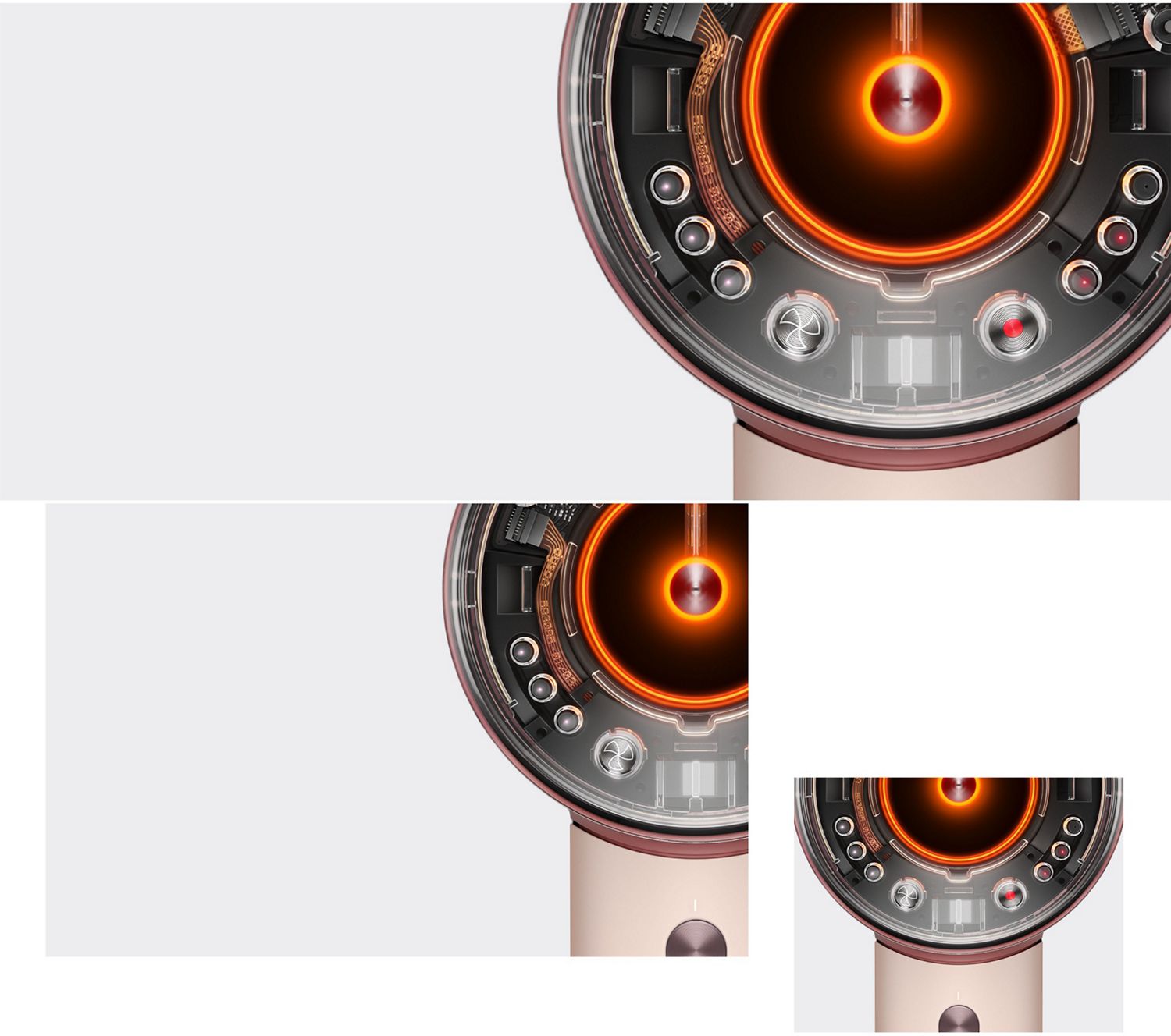 Bottom half of a Dyson Supersonic Nural hair dryer where you can see some of the buttons and LEDs through a clear cover.
