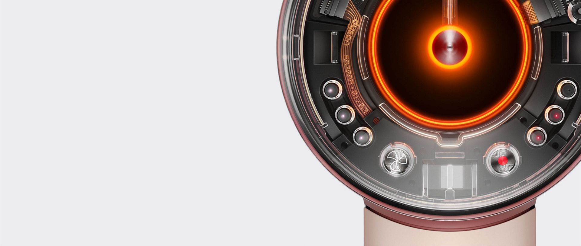 Bottom half of a Dyson Supersonic Nural hair dryer where you can see some of the buttons and LEDs through a clear cover.