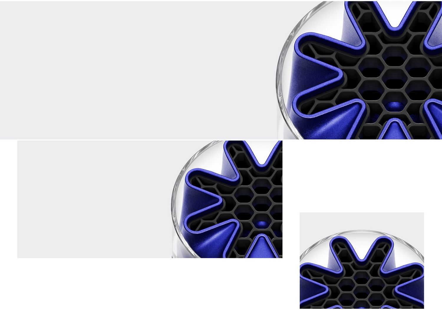 A Dyson HushJet Mini Cool fan tip showing the unique star-shaped HushJet nozzle in blue.