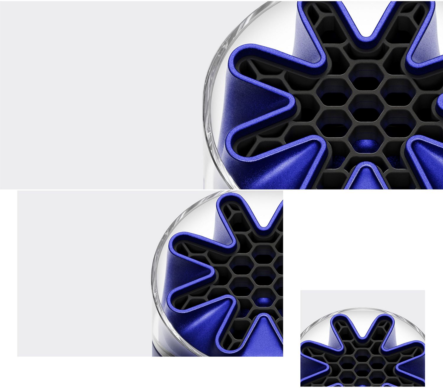 A Dyson HushJet Mini Cool fan tip showing the unique star-shaped HushJet nozzle in blue.
