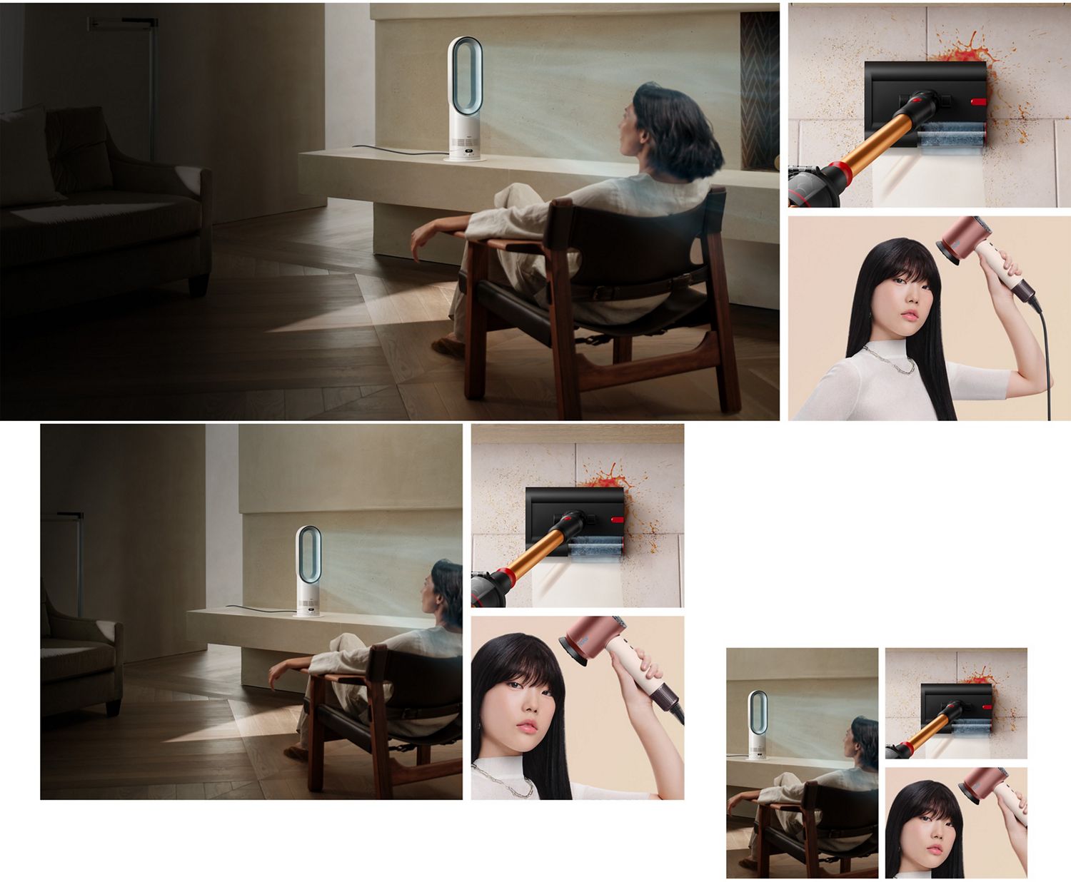 Colagem de dispositivos e máquinas Dyson utilizados em casa.